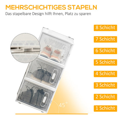 Lot de 8 boîtes à chaussures, organiseur à chaussures avec portes magnétiques, boîte à chaussures avec couvercle, rangement à chaussures en plastique, pour chaussures jusqu'à la pointure 45, transparent + blanc
