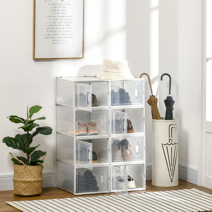 Lot de 8 boîtes à chaussures, organiseur à chaussures avec portes magnétiques, boîte à chaussures avec couvercle, rangement à chaussures en plastique, pour chaussures jusqu'à la pointure 45, transparent + blanc