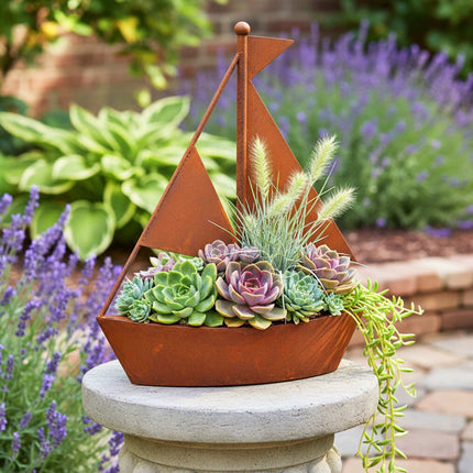 Ship-Shaped Metal Planter – Rustic Rust Patina