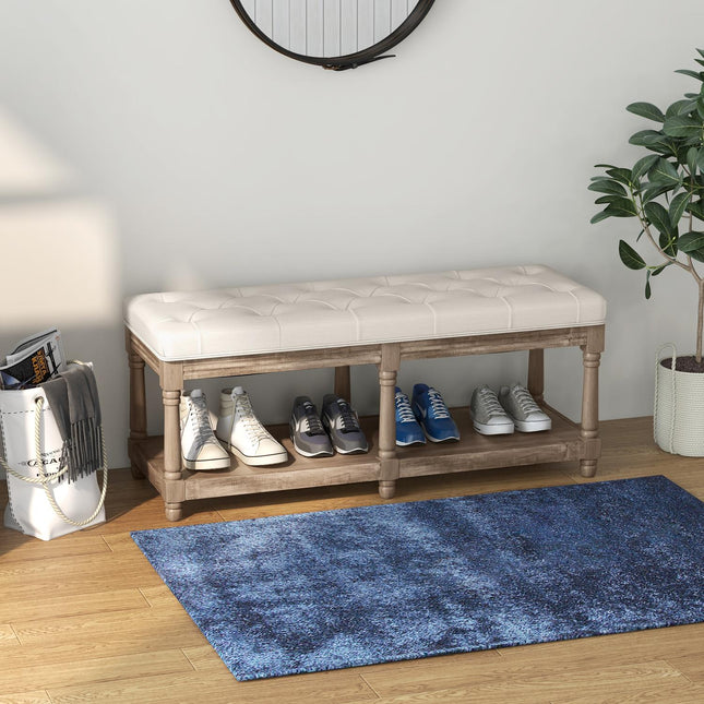 Schuhbank mit Stauraum, gepolsterter Sitzfläche, Holzbeinen, cremefarben