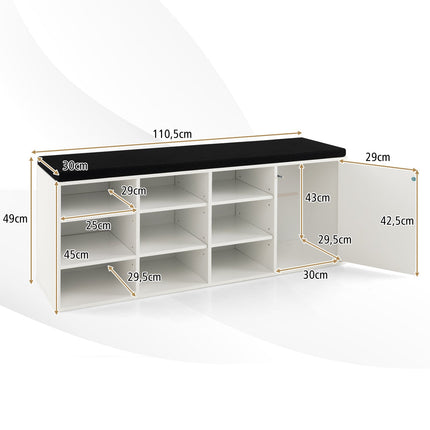 Shoe Bench with Cushion & Adjustable Shelves, White