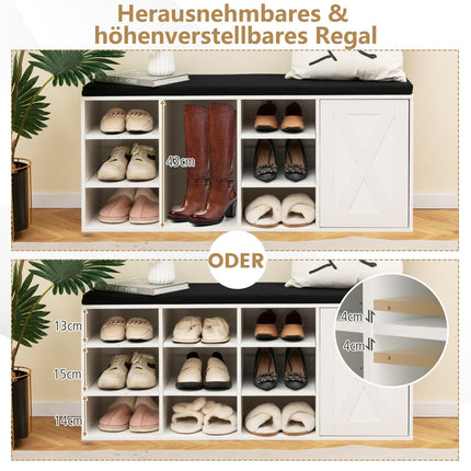 Shoe Bench with Cushion & Adjustable Shelves, White