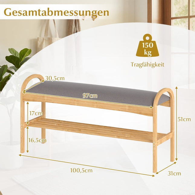 Schuhbank mit Kissen, Bambusrahmen, 2 Ablageflächen