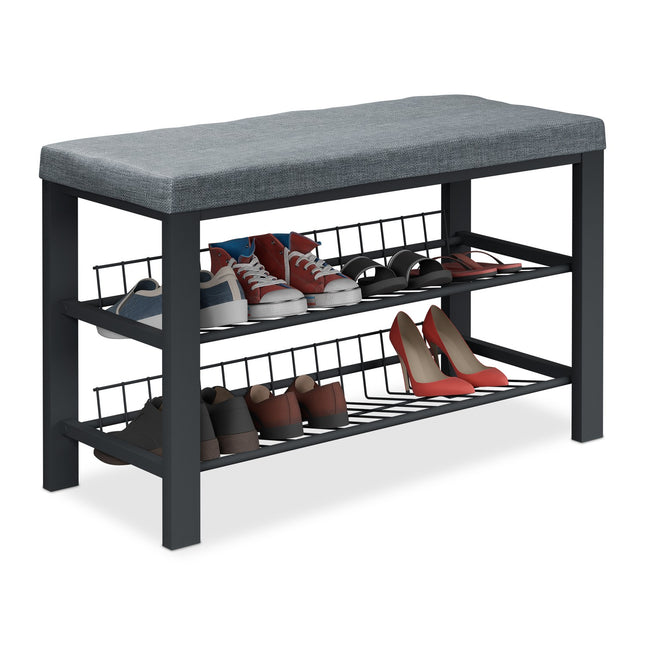 Schuhbank mit Kissen, Metallgestell, 2 Ablagen