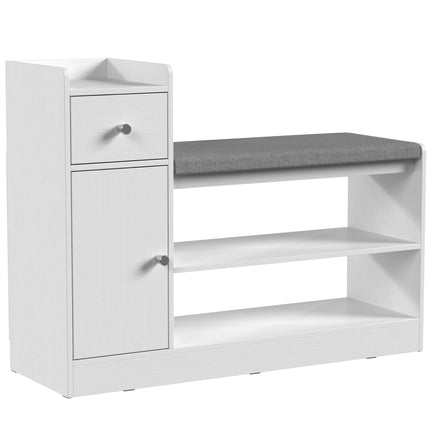 Shoe Bench with Seat Cushion, Drawer and 2 Open Shelves, White, 90 cm Wide