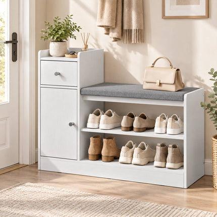 Shoe Bench with Seat Cushion, Drawer and 2 Open Shelves, White, 90 cm Wide