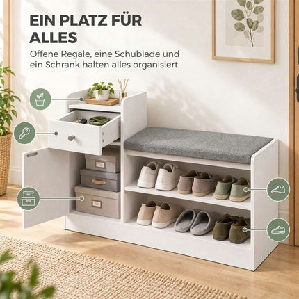 Shoe Bench with Seat Cushion, Drawer and 2 Open Shelves, White, 90 cm Wide
