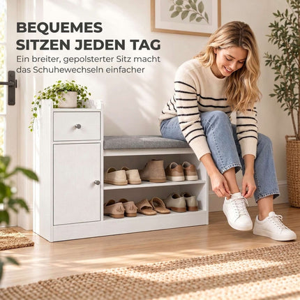 Shoe Bench with Seat Cushion, Drawer and 2 Open Shelves, White, 90 cm Wide