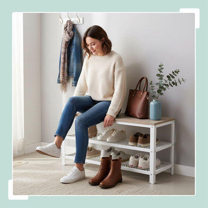 Shoe Bench with Seat and 2 Shelves for Entryway