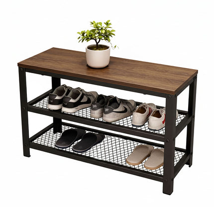 Shoe Bench with Seat and 2 Wire Shelves, Brown Top, Black Frame, 90 kg Load