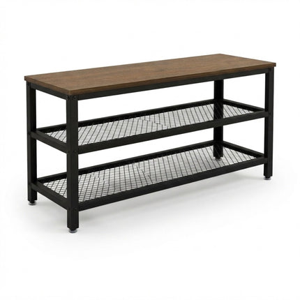 Shoe Bench with Seat and 2 Wire Shelves, Brown Top, Black Frame, 90 kg Load