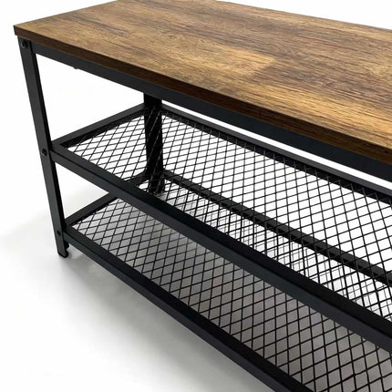 Shoe Bench with Seat and 2 Wire Shelves, Brown Top, Black Frame, 90 kg Load