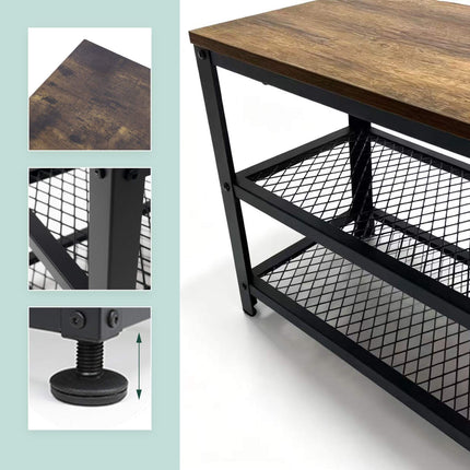 Shoe Bench with Seat and 2 Wire Shelves, Brown Top, Black Frame, 90 kg Load