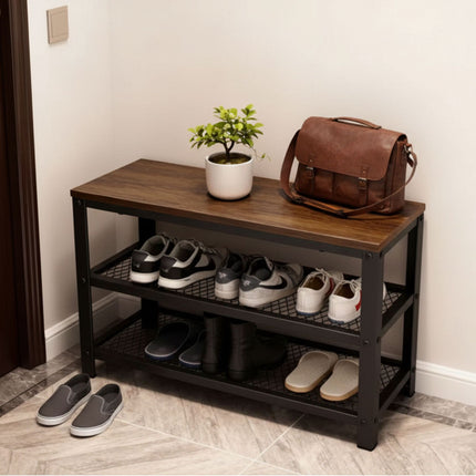 Shoe Bench with Seat and 2 Wire Shelves, Brown Top, Black Frame, 90 kg Load