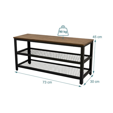 Shoe Bench with Seat and 2 Wire Shelves, Brown Top, Black Frame, 90 kg Load