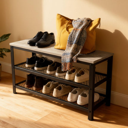 Shoe Bench with Seat and 2 Wire Shelves, Light Wood Top, Black Frame