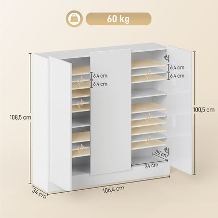 Schuhschrank, 10 Fächer, Belüftung, Soft-Close, Weißholz
