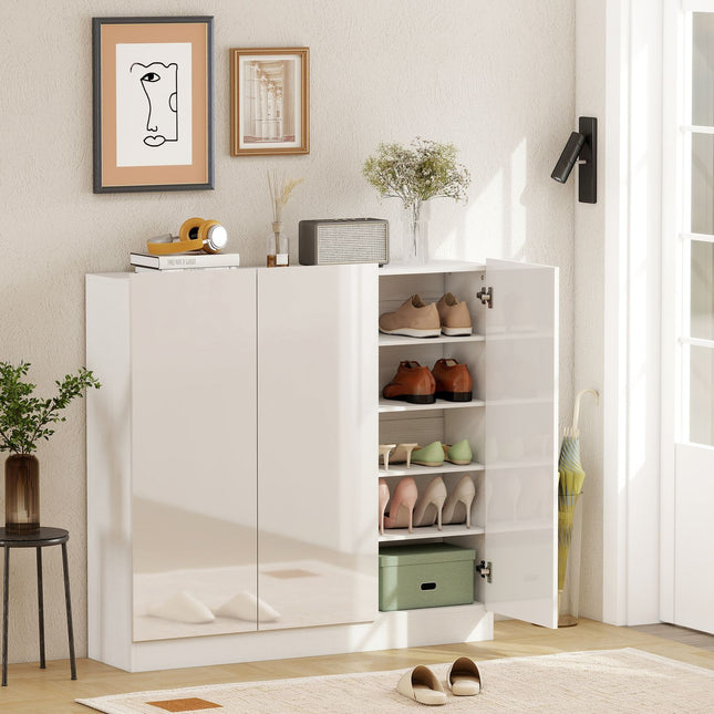 Shoe Cabinet, 10 Shelves, Ventilation, Soft-Close, White Wood