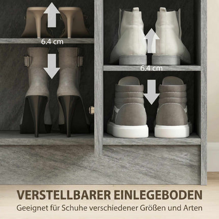 Schuhschrank, 12 Paar, 2 Türen, 4 offene Regalböden, Grau