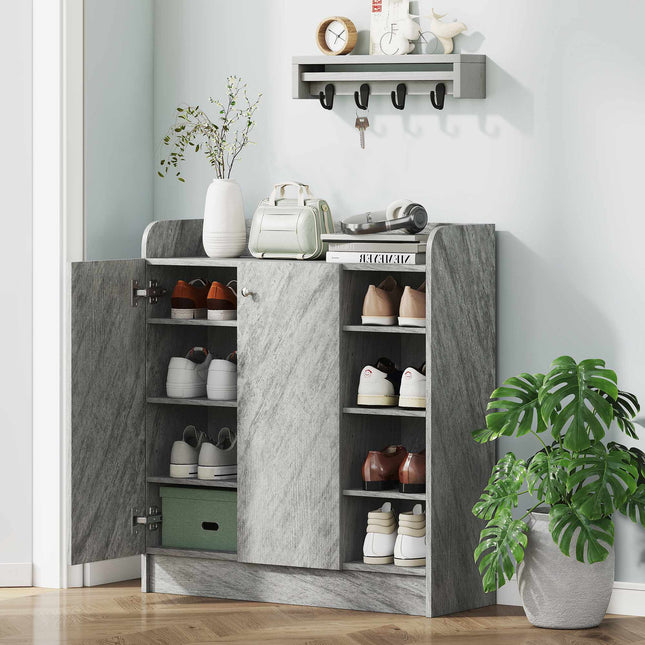 Shoe Cabinet, 12-Pair, 2 Doors, 4 Open Shelves, Grey