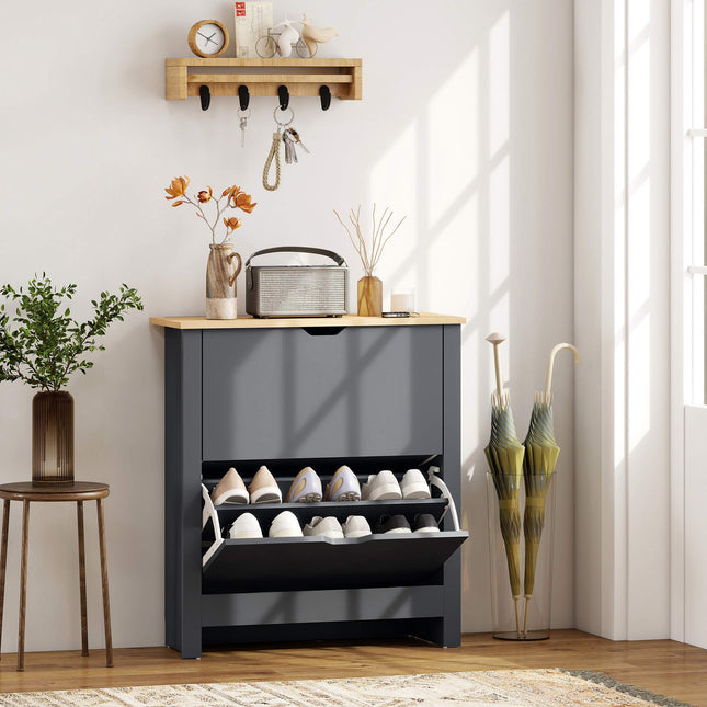 Shoe Cabinet, 2 Flip Compartments, 72x26x80 cm, Dark Grey