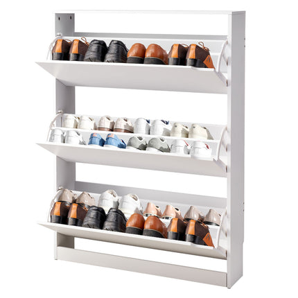 Shoe Cabinet, 3 Flip Drawers, Narrow, Anti-Tip, White