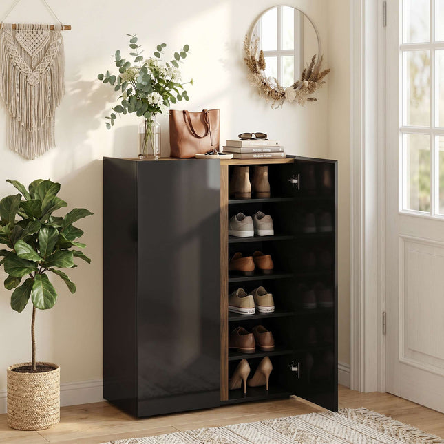 Shoe Cabinet, 6-Tier, Soft-Close, High-Gloss Black