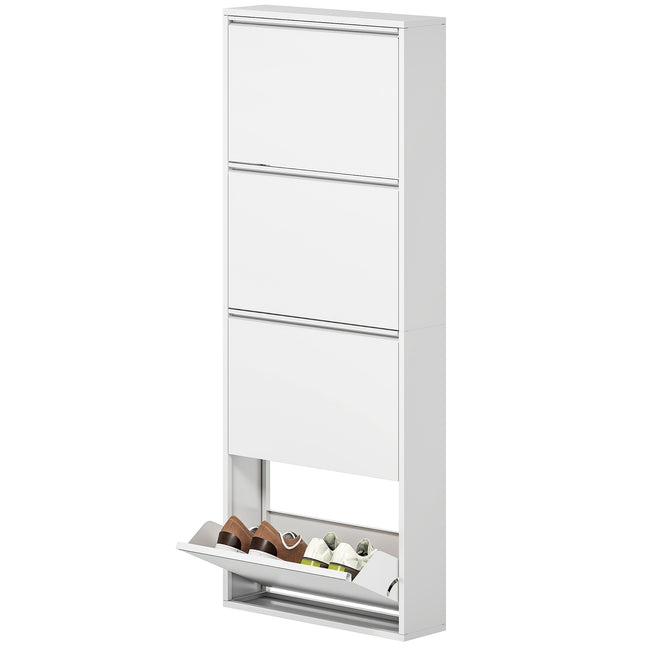 Space-saving metal shoe cabinet with 4 flaps, white