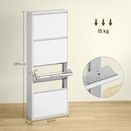 Meuble à chaussures en métal avec 4 rabats, basculeur à chaussures fin pour 8 paires de chaussures, étagère à chaussures, étagère à chaussures murale pour entrée, couloir, 55 x 15 x 139,5 cm, blanc |