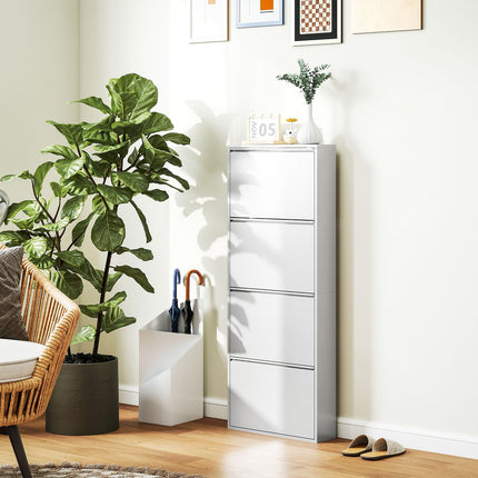 Meuble à chaussures en métal avec 4 rabats, basculeur à chaussures fin pour 8 paires de chaussures, étagère à chaussures, étagère à chaussures murale pour entrée, couloir, 55 x 15 x 139,5 cm, blanc |