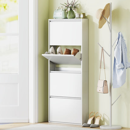Meuble à chaussures en métal avec 4 rabats, basculeur à chaussures fin pour 8 paires de chaussures, étagère à chaussures, étagère à chaussures murale pour entrée, couloir, 55 x 15 x 139,5 cm, blanc |