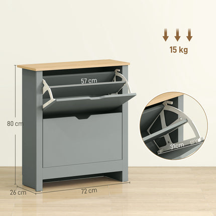 Schuhschrank mit 2 aufklappbaren Fächern, 72 x 26 x 80 cm; Hellgrau