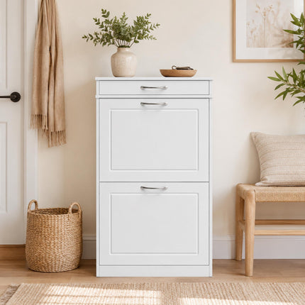 Shoe Cabinet With 2 Flip Drawers and Top Drawer, White