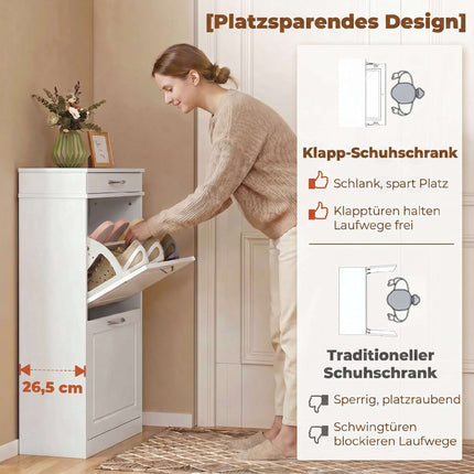 Shoe Cabinet With 2 Flip Drawers and Top Drawer, White