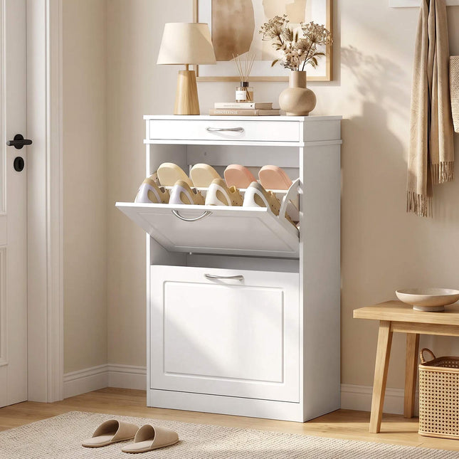 Shoe Cabinet With 2 Flip Drawers and Top Drawer, White