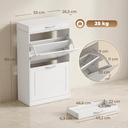 Shoe Cabinet With 2 Flip Drawers and Top Drawer, White