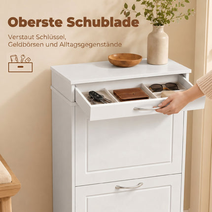 Shoe Cabinet With 2 Flip Drawers and Top Drawer, White