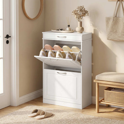 Shoe Cabinet With 2 Flip Drawers and Top Drawer, White