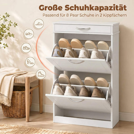 Shoe Cabinet With 2 Flip Drawers and Top Drawer, White