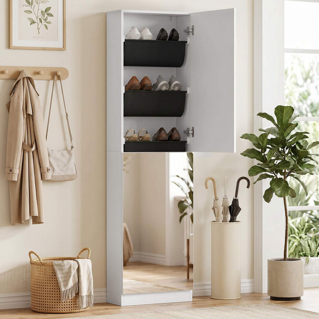 Shoe Cabinet With Mirror, Slim 5-Tier, White 50x20x180cm