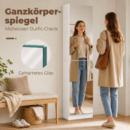 Schuhschrank mit Spiegel, schlank, 5-stufig, Weiß 50x20x180cm