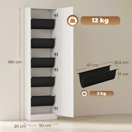 Schuhschrank mit Spiegel, schlank, 5-stufig, Weiß 50x20x180cm