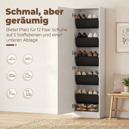 Schuhschrank mit Spiegel, schlank, 5-stufig, Weiß 50x20x180cm