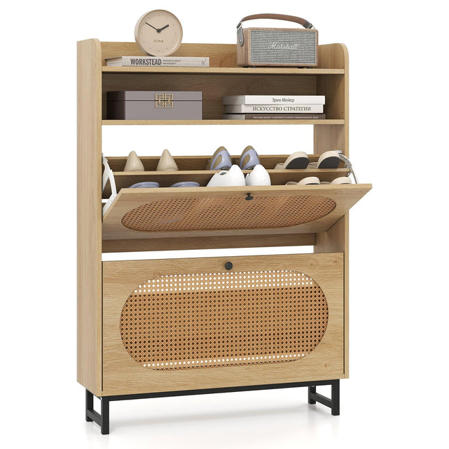 Shoe Cabinet with 2 Flip Drawers, Rattan Doors, Metal Legs