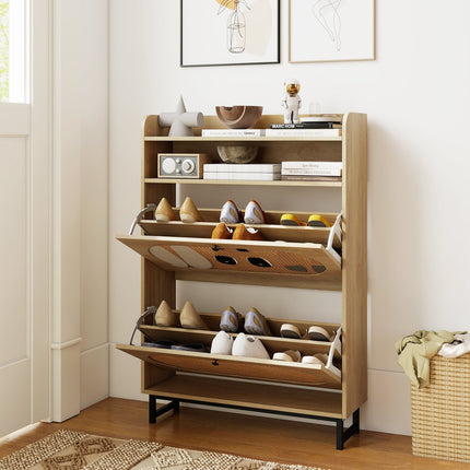 Schuhschrank mit 2 Klappfächern, Rattan-Türen, Metallbeine