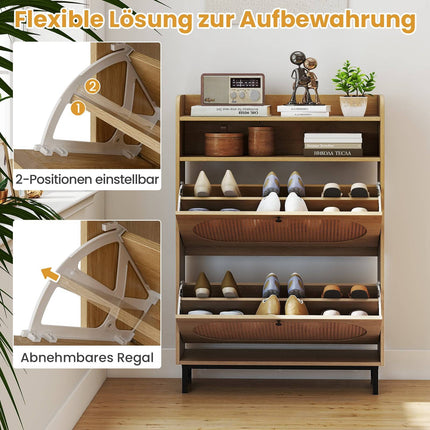 Schuhschrank mit 2 Klappfächern, Rattan-Türen, Metallbeine