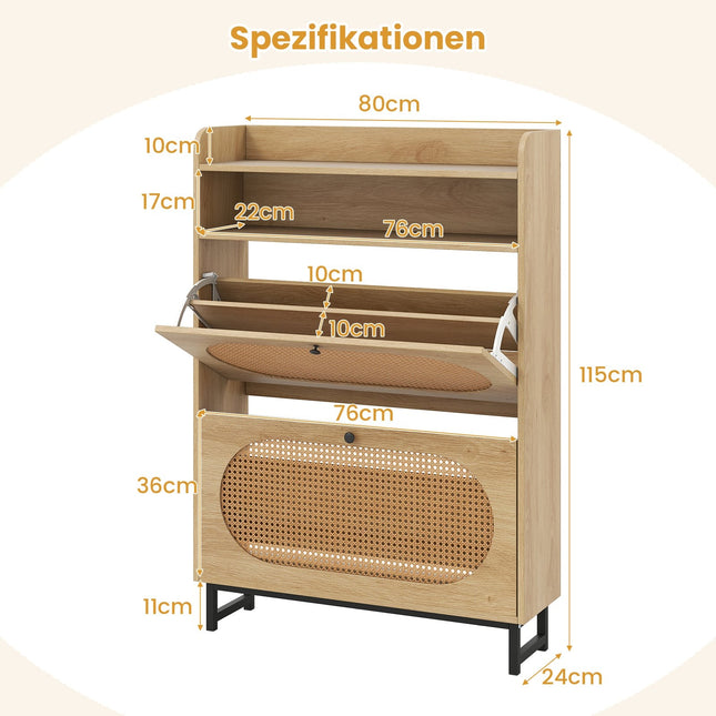 Shoe Cabinet with 2 Flip Drawers, Rattan Doors, Metal Legs