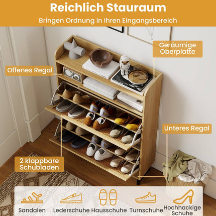 Schuhschrank mit 2 Klappfächern, Rattan-Türen, Metallbeine