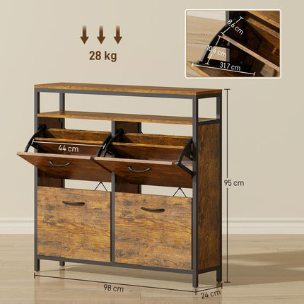 Schuhschrank mit 4 Klappfächern, Stahl, Braun, fasst 12-20 Paar