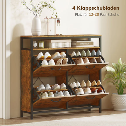 Schuhschrank mit 4 Klappfächern, Stahl, Braun, fasst 12-20 Paar